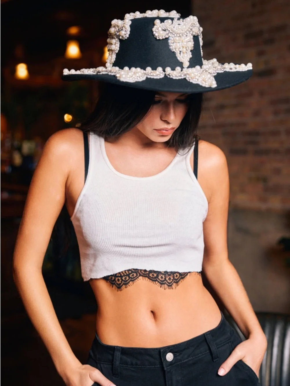 AKIRA Black Wide-Brim Pearl-Embellished Hat - Picture 3 of 4